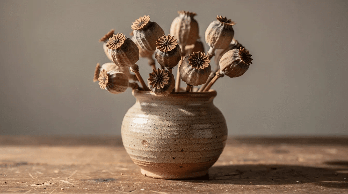 A rustic ceramic vase filled with a collection of dried poppy pods in various sizes sits on a wooden table, showcasing their unique shapes and textures. This elegant arrangement highlights the natural beauty of the preserved poppy heads, making it a versatile addition to home decor or floral arrangements.