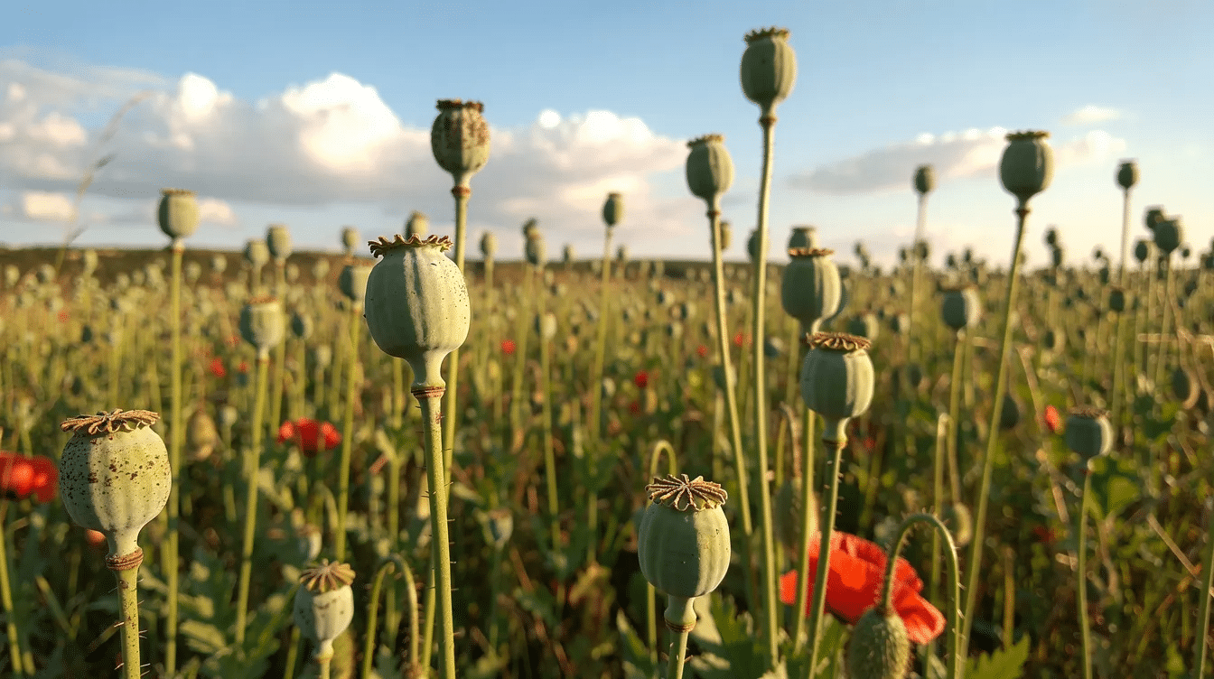 A vibrant field of poppy plants showcases tall stems adorned with mature dried poppy pods, set against a clear summer sky. This natural beauty highlights the unique shape and texture of the poppy heads, making them a versatile choice for floral arrangements and decorative projects.