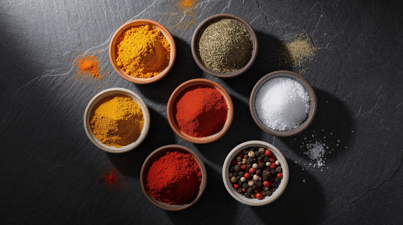 The image features small bowls filled with a variety of colorful spices and seasonings, including smoked paprika and salt, arranged neatly on a dark countertop, suggesting an inviting setup for preparing homemade beef jerky or marinating cooked meat. The vibrant colors of the spices contrast beautifully with the dark surface, enhancing the visual appeal of the culinary scene.