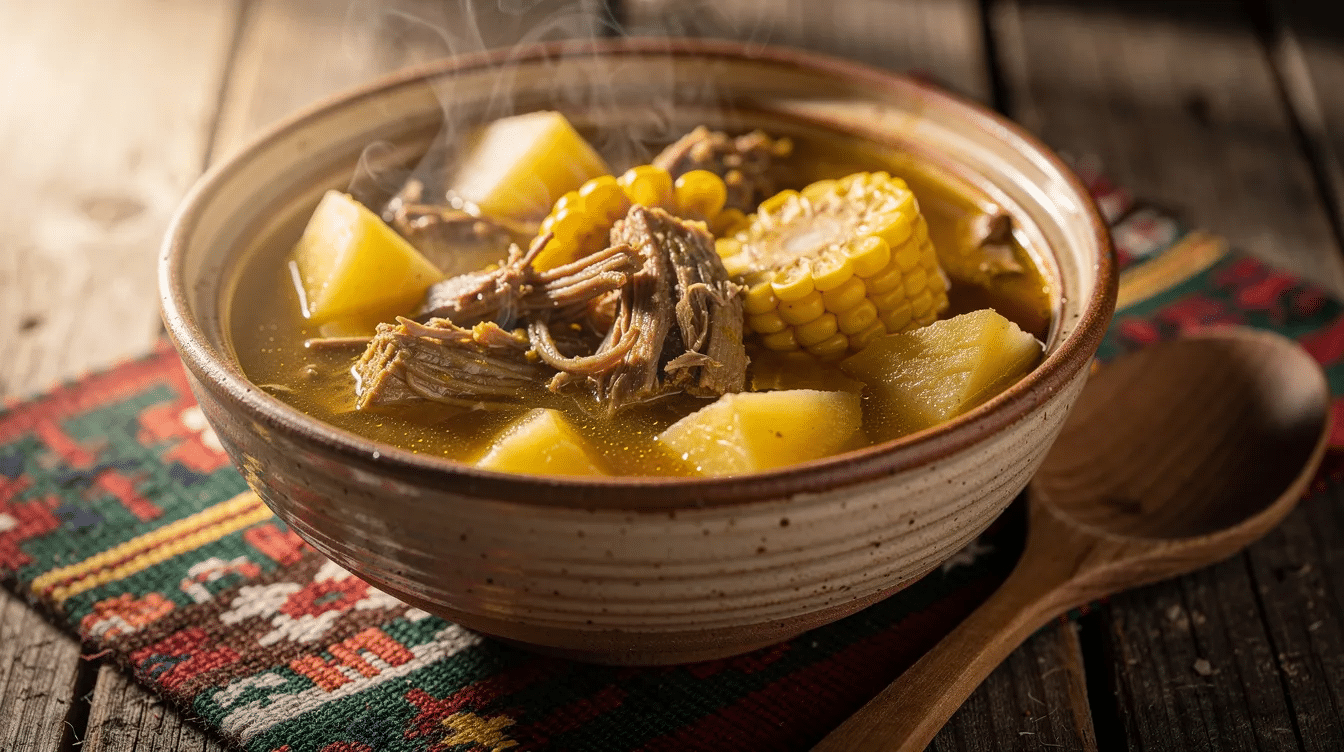 A rustic ceramic bowl is filled with a thick Andean stew featuring shredded meat, potatoes, and corn, showcasing traditional South American flavors. The hearty dish reflects the rich culinary history of the Andes, where methods of meat preservation, such as ch'arki, have been essential for nutrition and flavor.