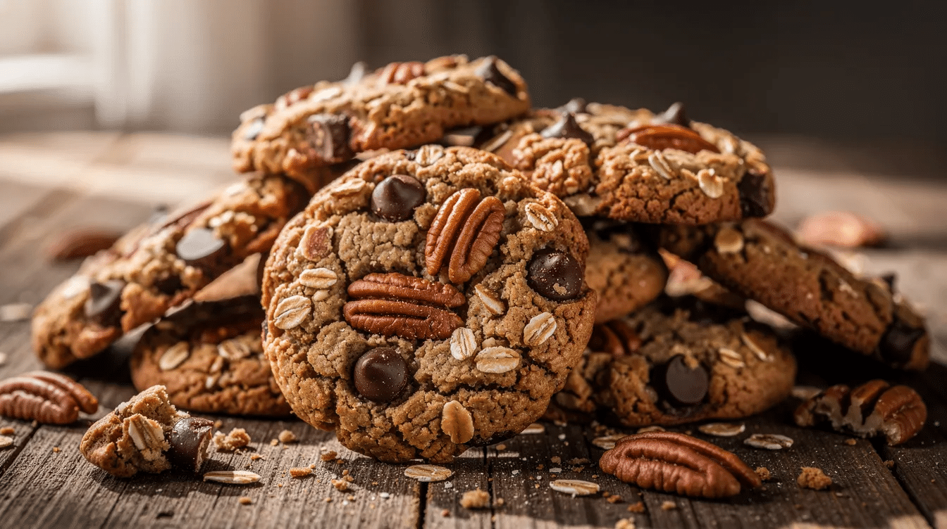 The image showcases a batch of whole grain chocolate chip pecan cookies, featuring a golden brown exterior with crispy edges and a soft, chewy center. The cookies are studded with dark chocolate chips and toasted pecan pieces, arranged on a baking sheet lined with parchment paper.