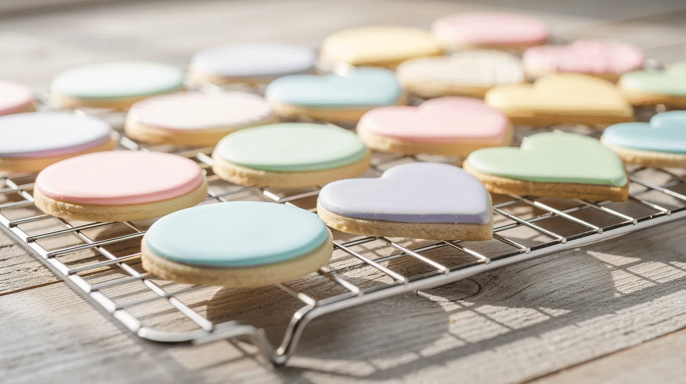 The image shows a collection of freshly decorated sugar cookies resting on a wire cooling rack, adorned with smooth royal icing that is in the drying process. The icing, which has a glossy finish, is likely made with powdered sugar and flavors like vanilla extract and lemon juice, creating a delightful dessert cuisine experience.