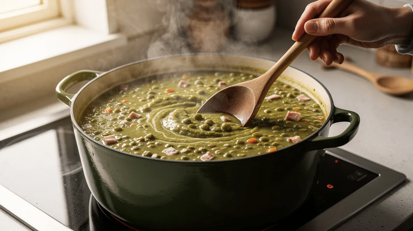 A large Dutch oven pot sits on the stovetop, filled with thick green split pea soup being stirred with a wooden spoon. The deliciously thick vegan split pea soup features green split peas, vegetables, and seasonings, creating a comforting dish perfect for a cold day.
