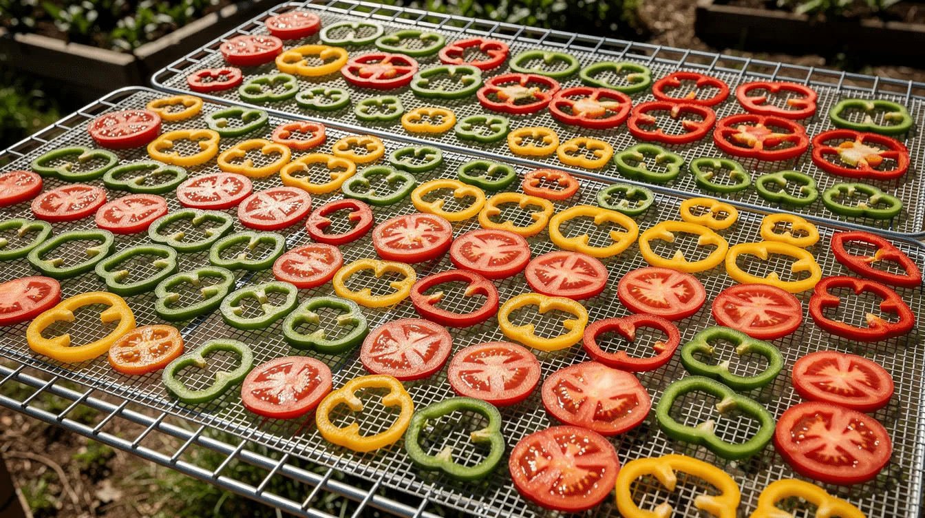 Freshly sliced tomatoes and colorful peppers are neatly arranged on mesh drying trays, basking in bright sunshine outdoors, utilizing a solar food dryer for effective food preservation. The vibrant vegetables are positioned in a sunny spot to maximize air flow and heat for optimal drying.