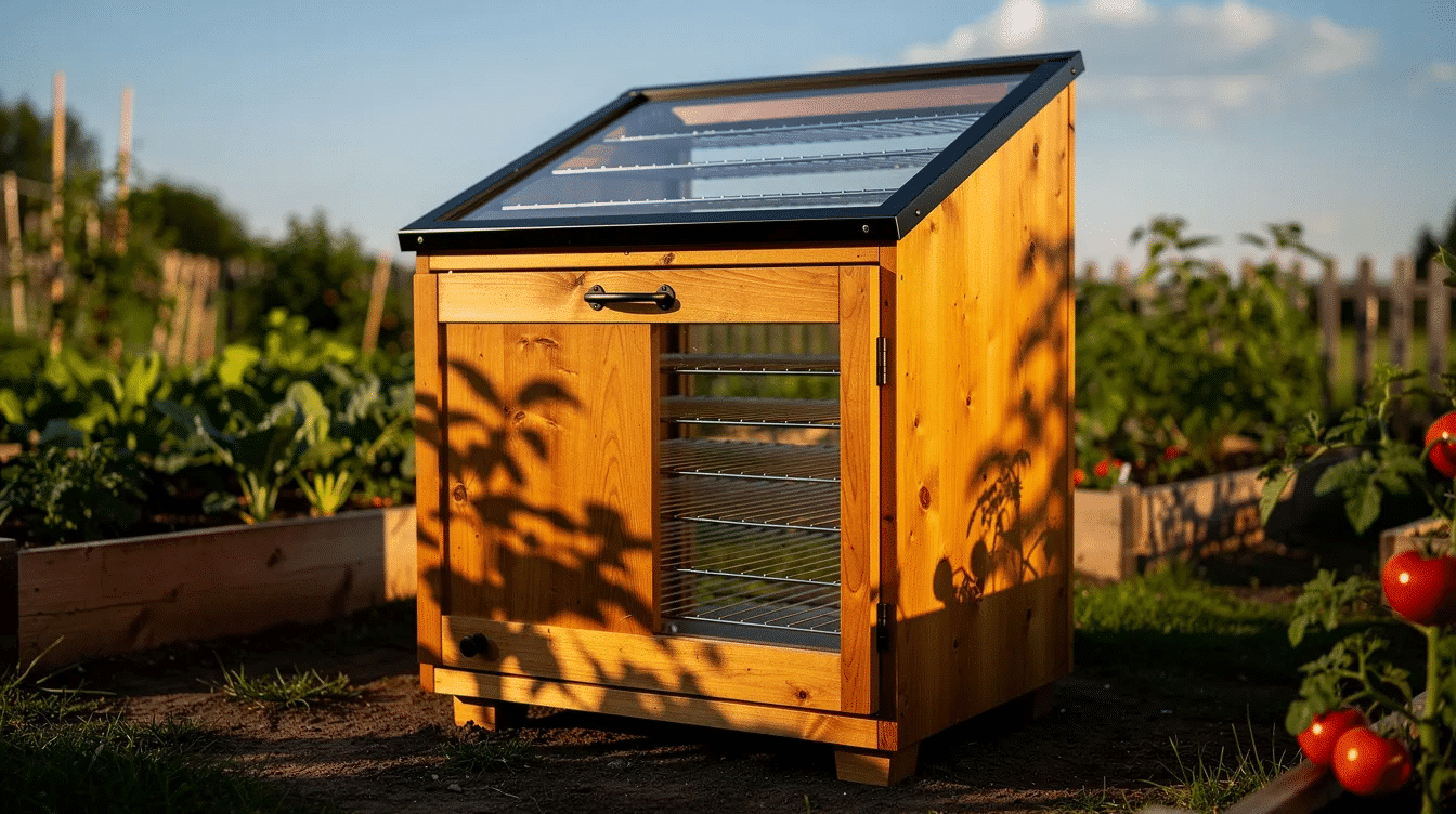 A wooden cabinet-style solar food dehydrator is positioned in a sunny backyard garden, featuring a glazed sloped top that allows for optimal sun exposure. This solar food dryer has drying trays inside, perfect for preserving garden produce like fruits and vegetables through the process of sun drying.