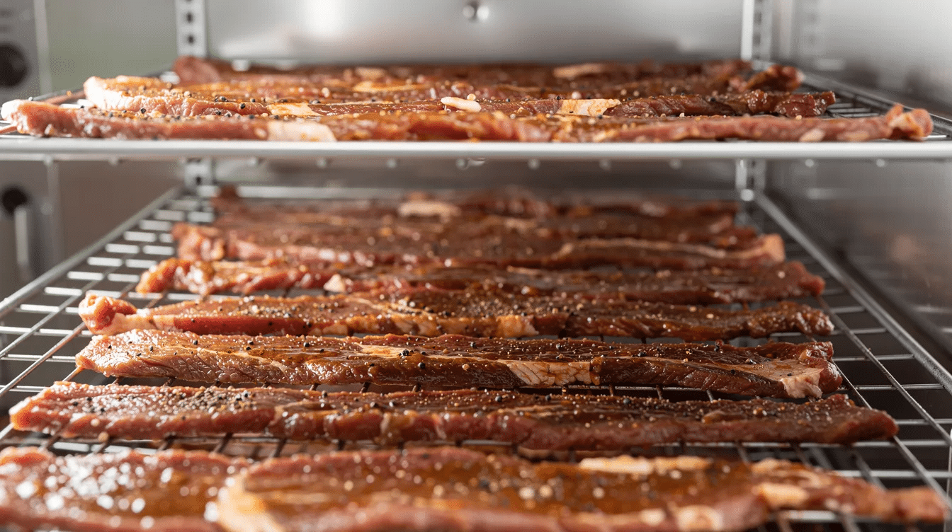 The image features raw marinated beef strips arranged in a single layer on wire dehydrator trays, ready for drying. The beef is seasoned with ingredients like soy sauce, garlic powder, and black pepper, preparing it for a flavorful beef jerky experience.