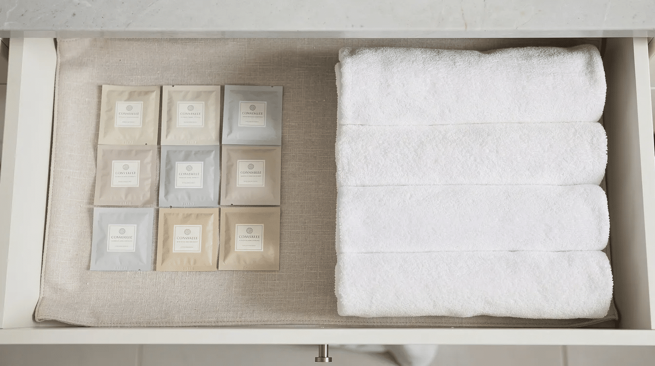The image features neatly arranged dried flower sachets, filled with a blend of lavender, rose petals, and herbs, placed in a linen-lined drawer next to folded white towels, creating a soothing and fragrant atmosphere. The delicate sachets exude floral scents, perfect for refreshing closets and drawers.