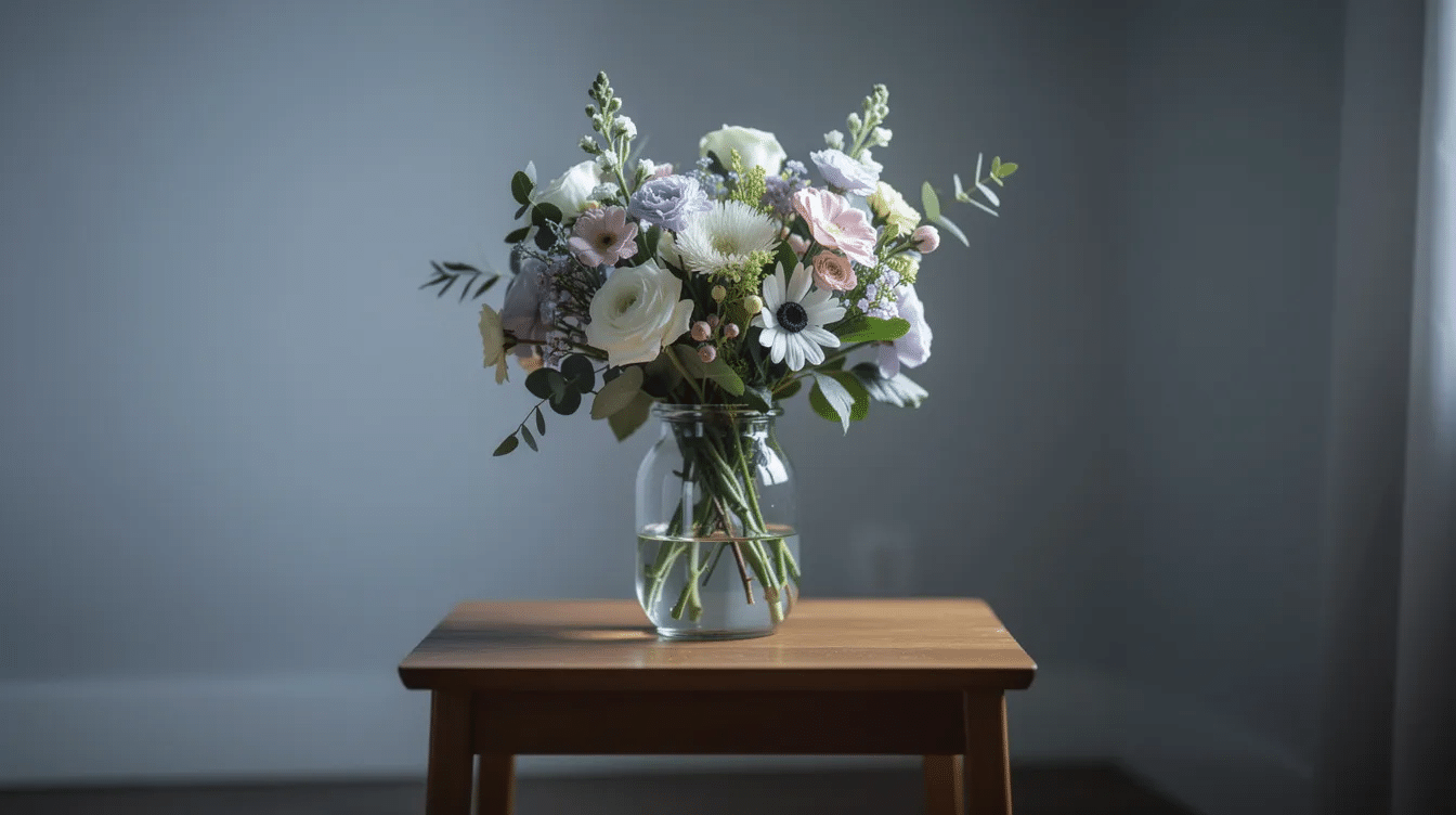 A beautiful flower arrangement sits on a side table in a cool, shaded room, away from direct sunlight, ensuring the fresh flowers remain vibrant. To help the blooms last longer, it's essential to use clean water and flower food, while keeping the vase free from bacteria and maintaining a cool location.