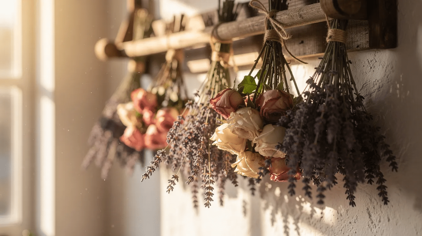 In a sunlit room, bundles of dried lavender and roses hang upside down from a wooden rack, creating a delightful display of flowers and herbs that exude natural floral scents. This arrangement is perfect for making dried flower sachets or potpourri, adding a refreshing fragrance to any space.