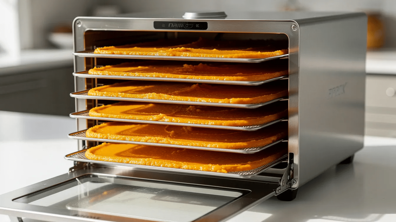 The image shows a food dehydrator filled with multiple trays, each containing thin layers of bright orange pumpkin purée being dried. This process is essential for making quick bread with fresh pumpkin purée, allowing for longer storage and easy preparation of delicious pumpkin bread recipes.