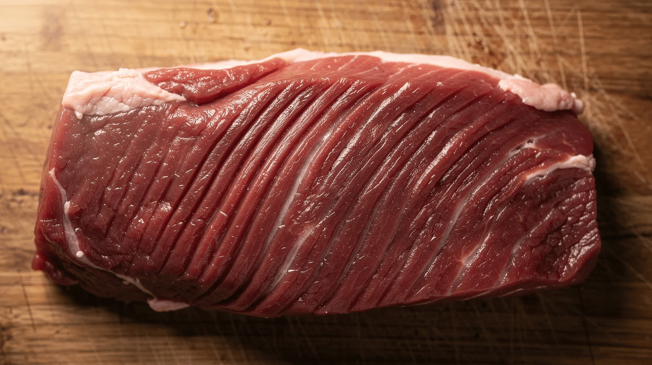 A close-up view of a raw flank steak resting on a butcher block, showcasing its prominent grain lines and lean cut. This tender meat is ideal for making beef jerky, as it has very little fat and can be marinated for a delicious jerky recipe.