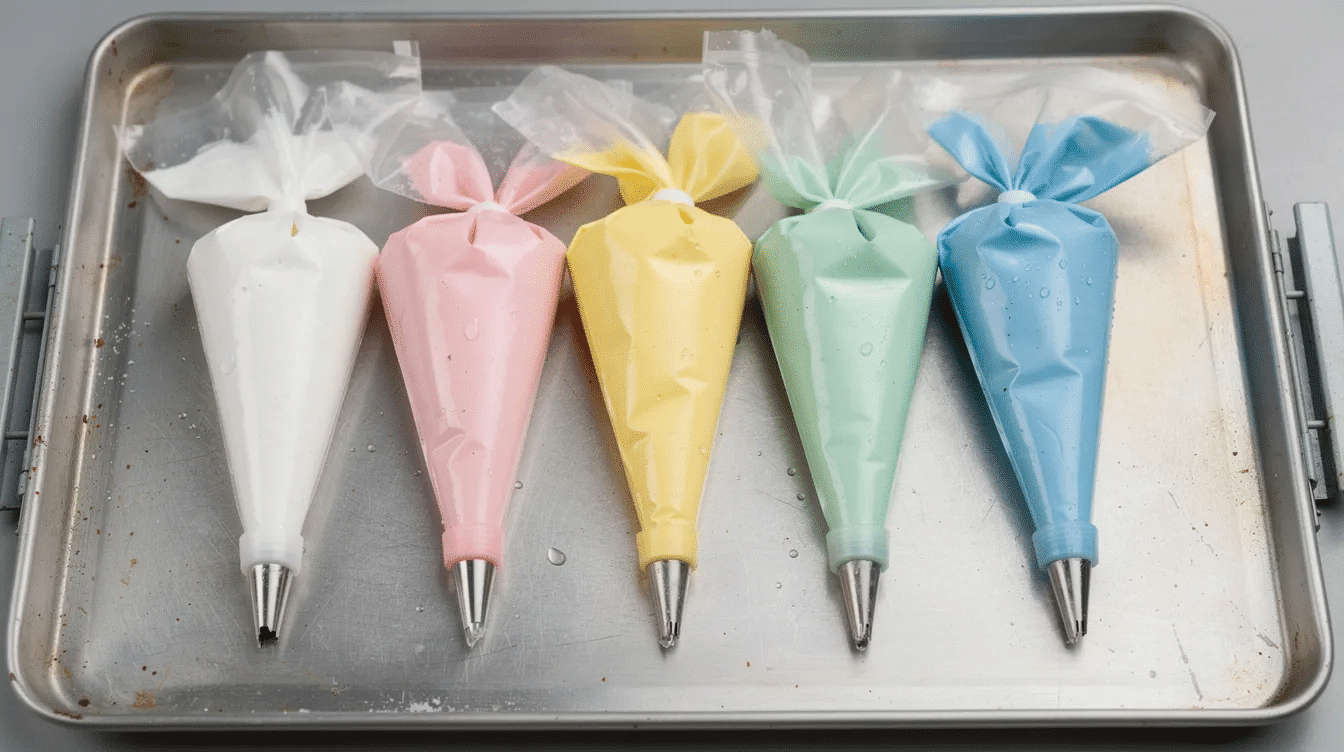 The image shows several piping bags filled with royal icing laid flat on a metal baking sheet, ready to be placed in the freezer for storage. This method is ideal for freezing royal icing, ensuring that it remains fresh and ready for decorating sugar cookies later.