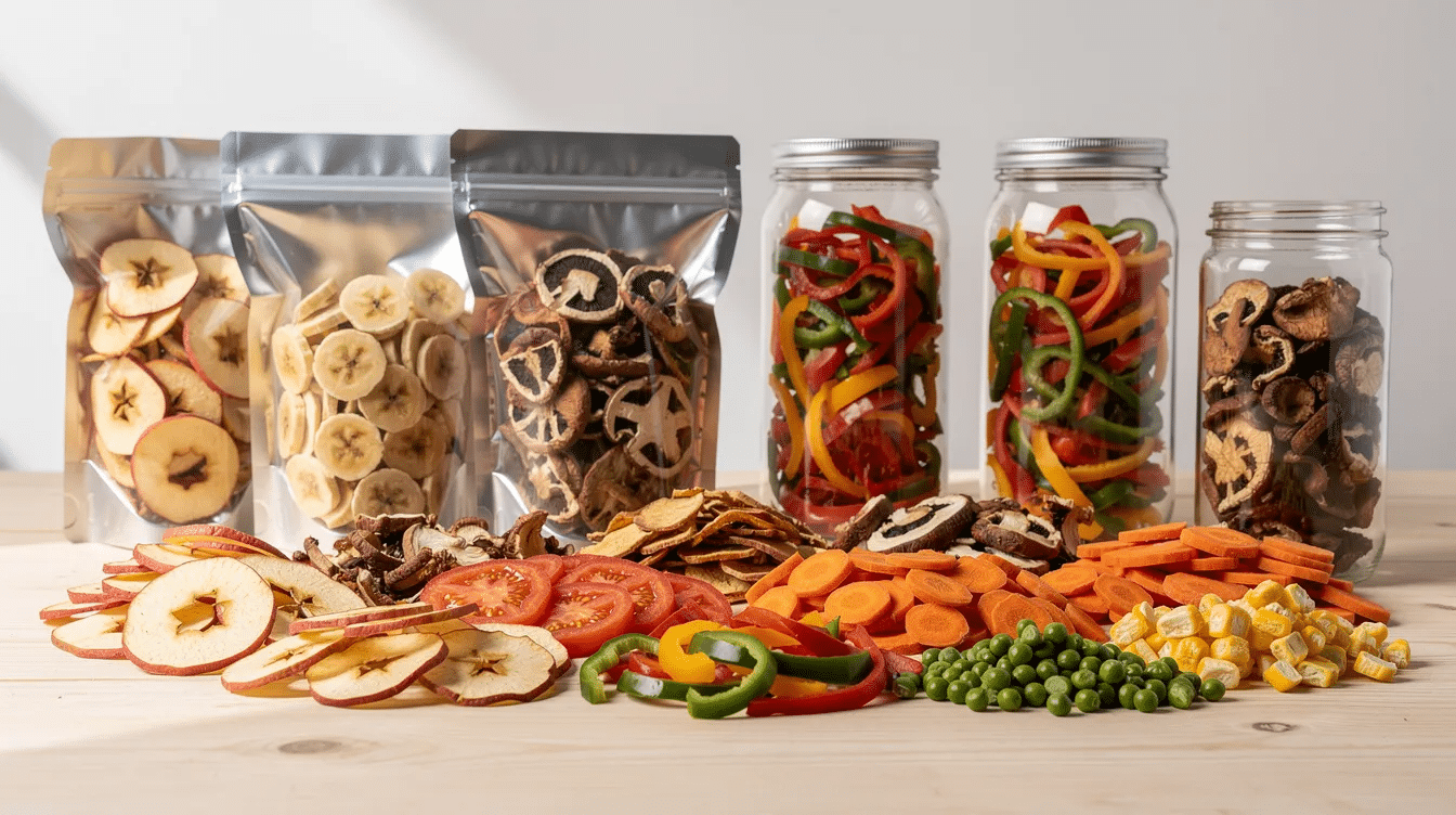 The image showcases a variety of dehydrated food items, including dried fruits, vegetables, and lean meats, all neatly arranged on dehydrator trays. This visual representation emphasizes the food dehydration process, highlighting how to dehydrate food for long-term storage and preservation.