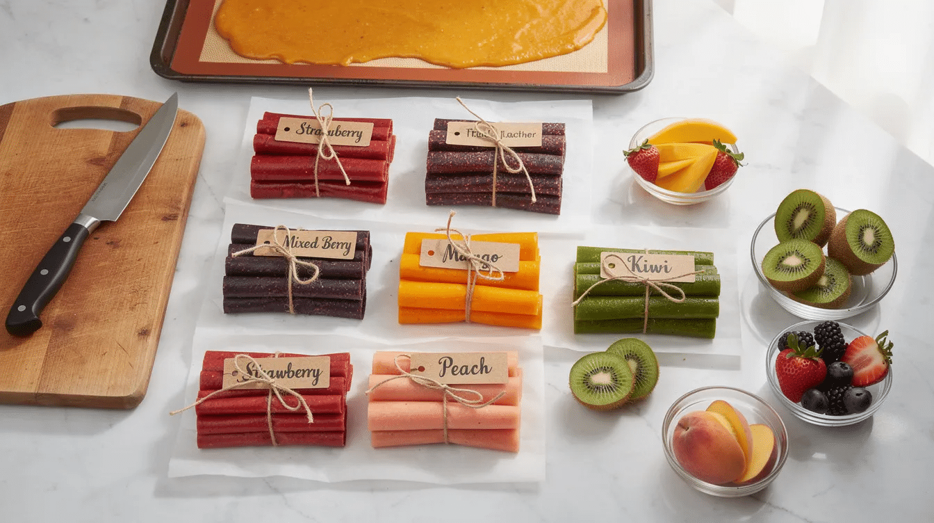The image depicts a variety of colorful fruit leather made from dehydrated fruit, including vibrant slices of strawberries, peaches, and apples, arranged neatly on parchment paper. In the background, an excalibur food dehydrator is visible, showcasing the process of turning fresh fruit into chewy, healthy snacks.