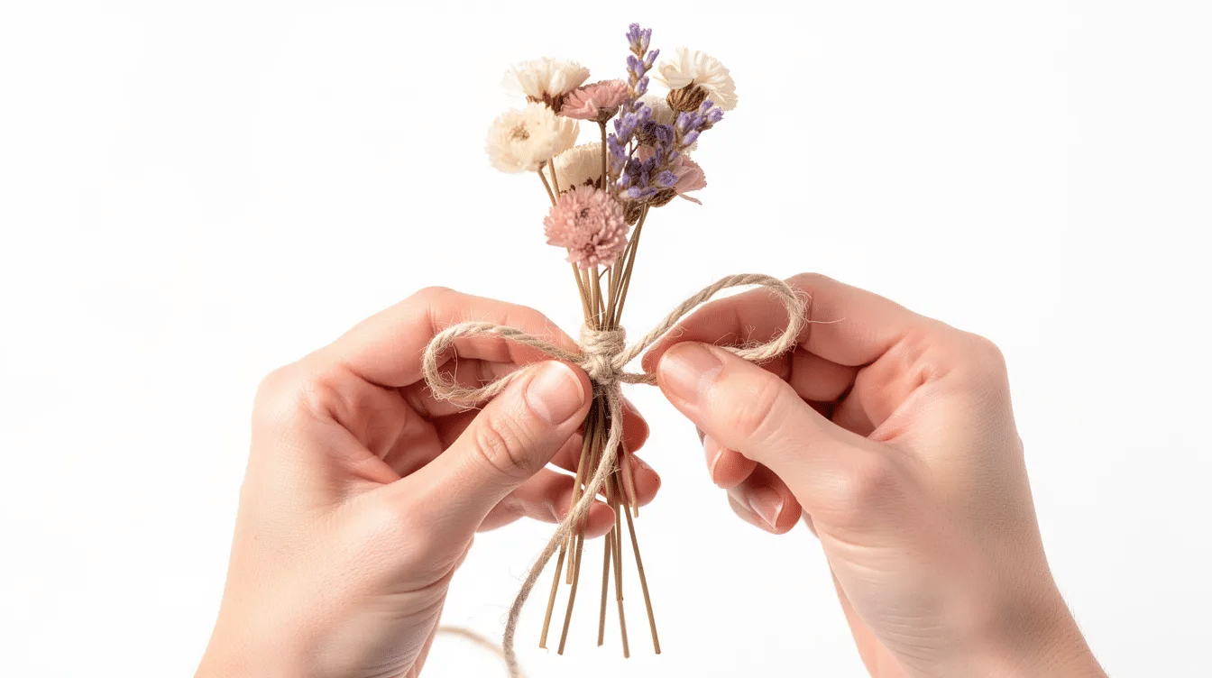A close-up view of hands skillfully tying together dried flower stems, including lavender and grasses, with natural twine against a clean white background. This image captures the beauty of preserved flowers, perfect for creating bouquets or wreaths for special occasions.