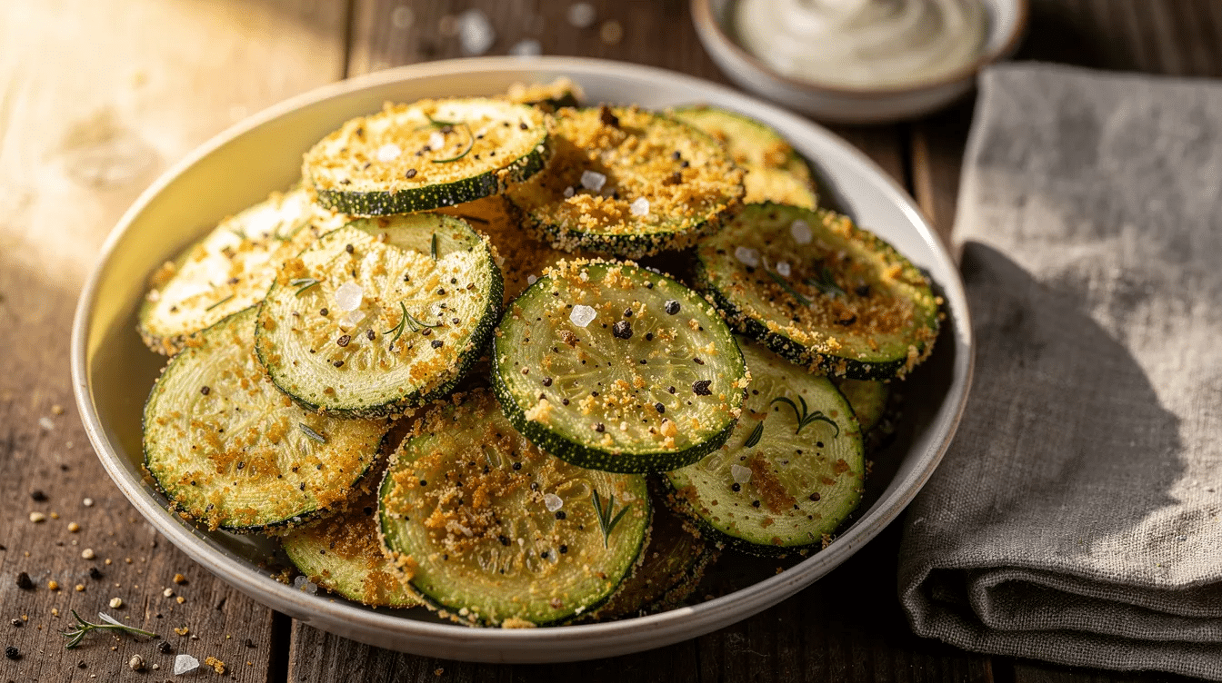 The image features a plate of crispy zucchini chips, showcasing their golden-brown color and crunchy texture, perfect for healthy snacking. These raw vegan dehydrator recipes highlight the use of spices like onion powder, making them a delicious alternative to traditional snacks.