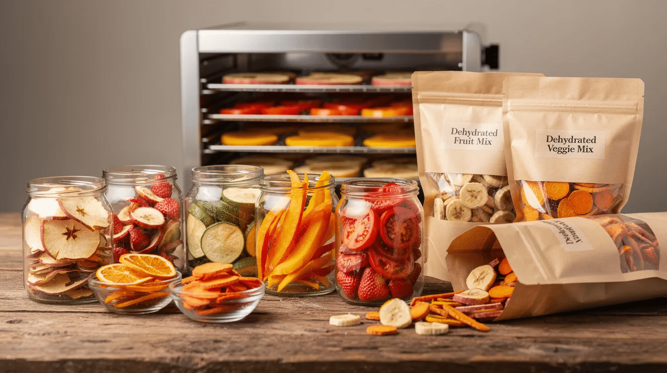 The image showcases a variety of dehydrated food items, including dried fruits, vegetables, and lean meats, all neatly arranged on dehydrator trays. This visual representation emphasizes the food dehydration process, highlighting how to dehydrate food for long-term storage and preservation.