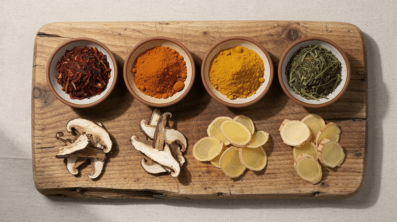 The image features a wooden cutting board showcasing small bowls filled with an array of colorful dried spices, dried mushroom slices, and thin rounds of dried ginger, all neatly arranged for easy access, ideal for preparing a flavorful vegetable soup or other dehydrated meals. The vibrant colors and textures of the ingredients highlight the potential for delicious and healthy recipes.
