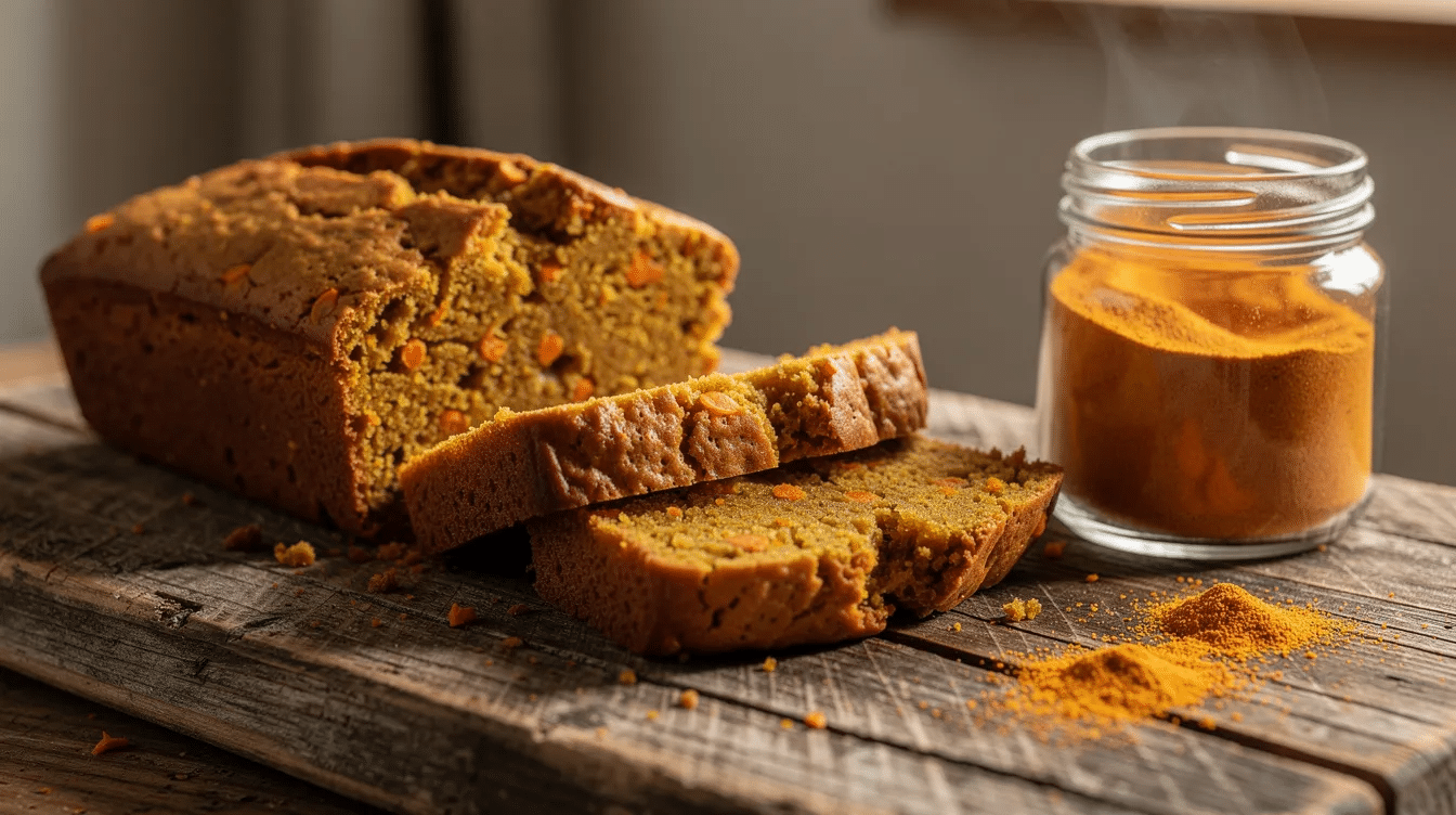 A loaf of golden-brown pumpkin quick bread is sliced and displayed on a rustic wooden cutting board, accompanied by a small glass jar filled with fine orange pumpkin powder. This easy pumpkin bread is perfect for fall, showcasing its moist texture and rich flavor.