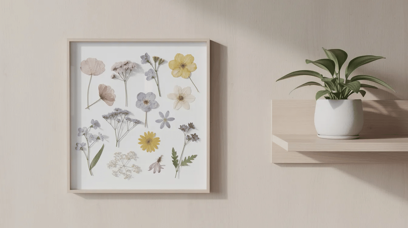 A framed collection of pressed wildflowers in pastel colors is displayed on a light wooden wall, accompanied by a small potted plant, showcasing the beauty of dried and preserved flowers. The delicate blooms and petals create a lovely decorative piece that adds a touch of nature to the home.