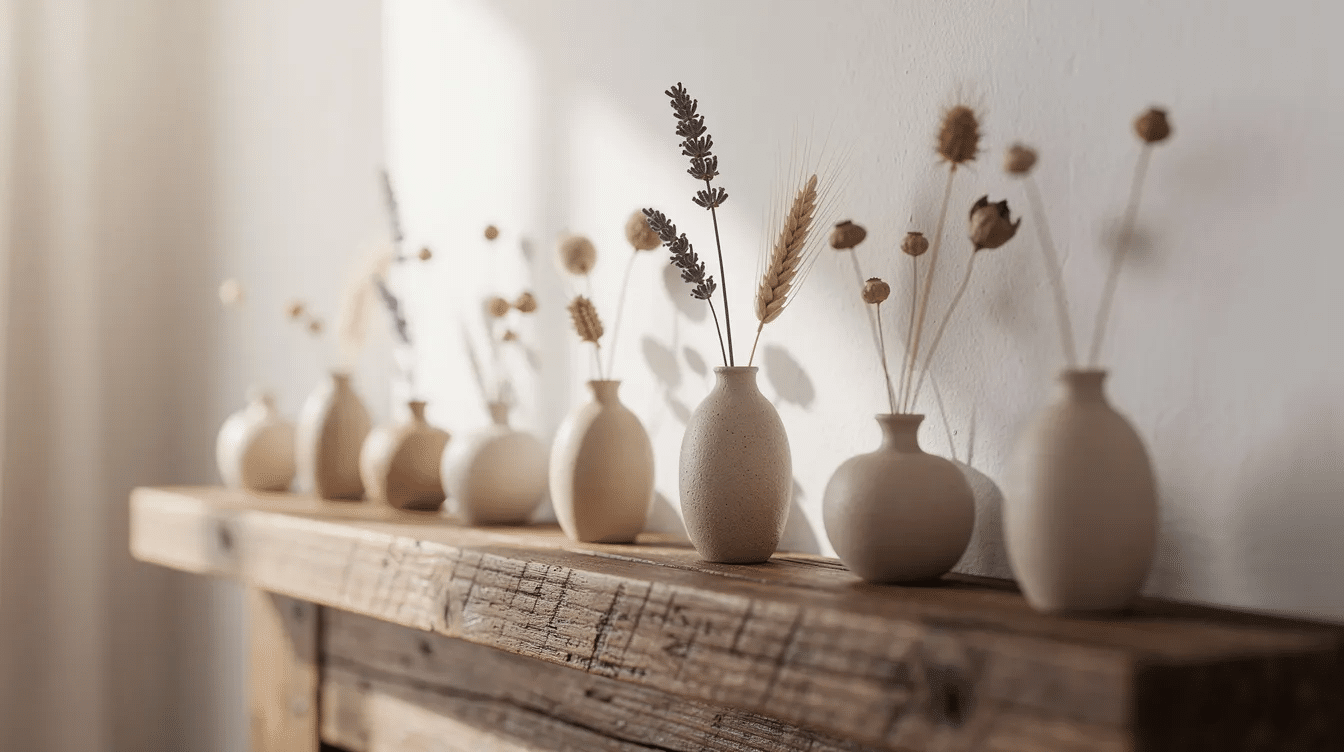 A collection of small glass bud vases sits on a wooden mantel, each showcasing individual dried stems and flowers, including lavender and other delicate blooms. This arrangement adds beauty and a touch of creativity to the room, perfect for displaying dried flowers in a stylish way.