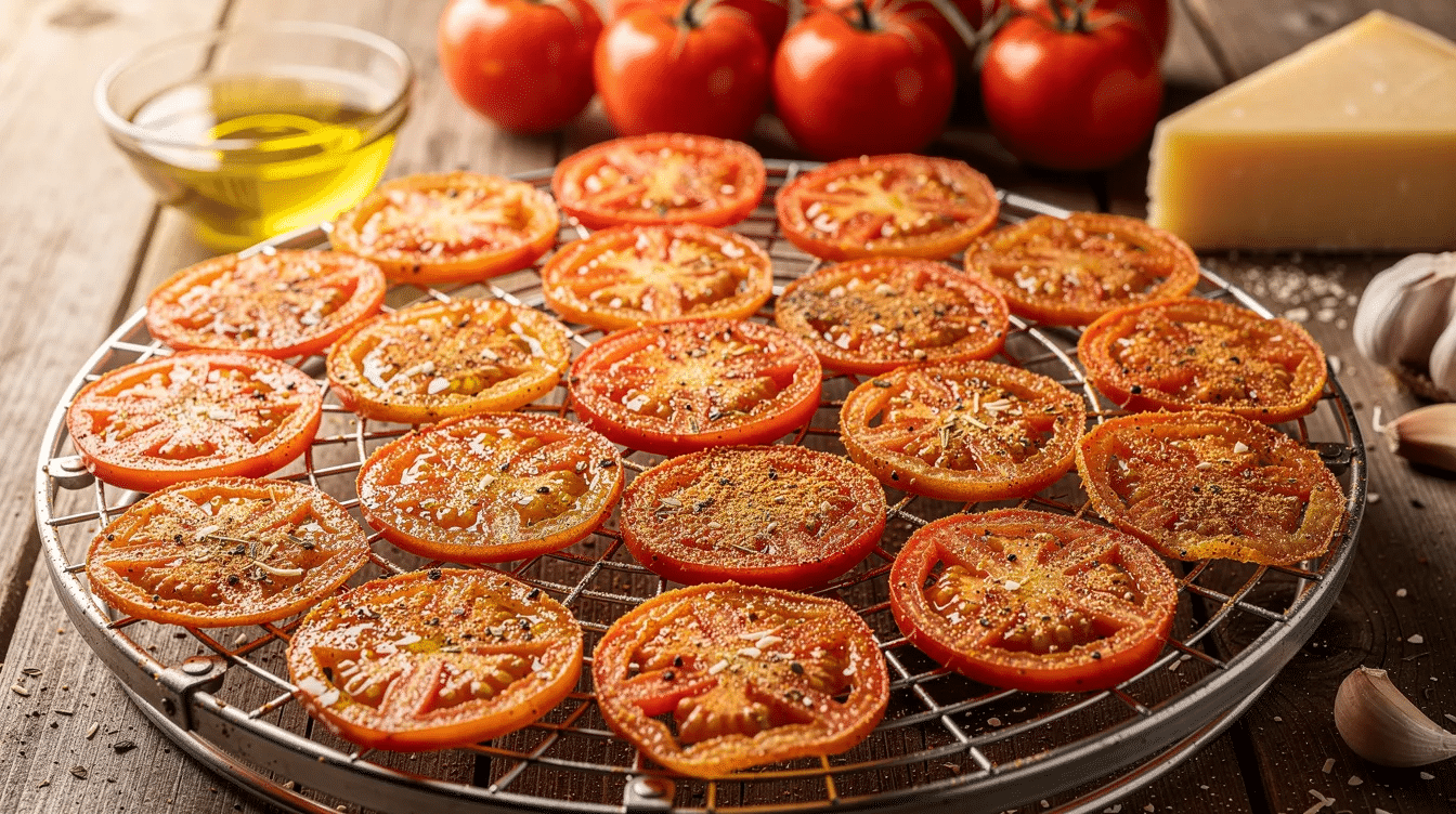 The image features crispy Parmesan tomato chips, showcasing thin slices of vibrant, garden-fresh tomatoes seasoned with olive oil, garlic powder, and grated parmesan cheese, all arranged on dehydrator trays. This delicious low-carb snack is a perfect way to enjoy summer's bounty, offering a unique twist on traditional potato chips.