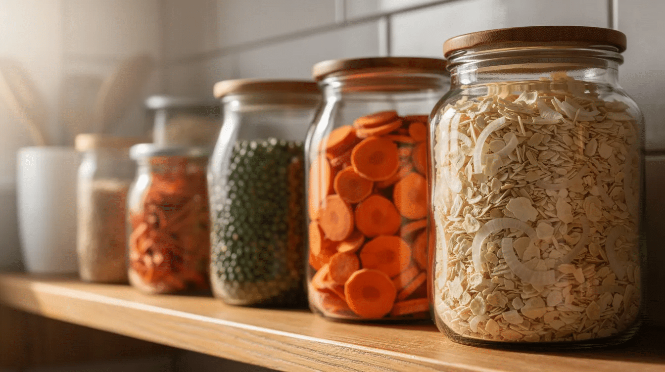 The image features glass jars filled with vibrant dried split peas, dehydrated carrot slices, and onion flakes, neatly arranged on a kitchen shelf, ready for making a delicious vegan split pea soup. These ingredients highlight the essence of a nutritious soup recipe, perfect for a cozy meal.