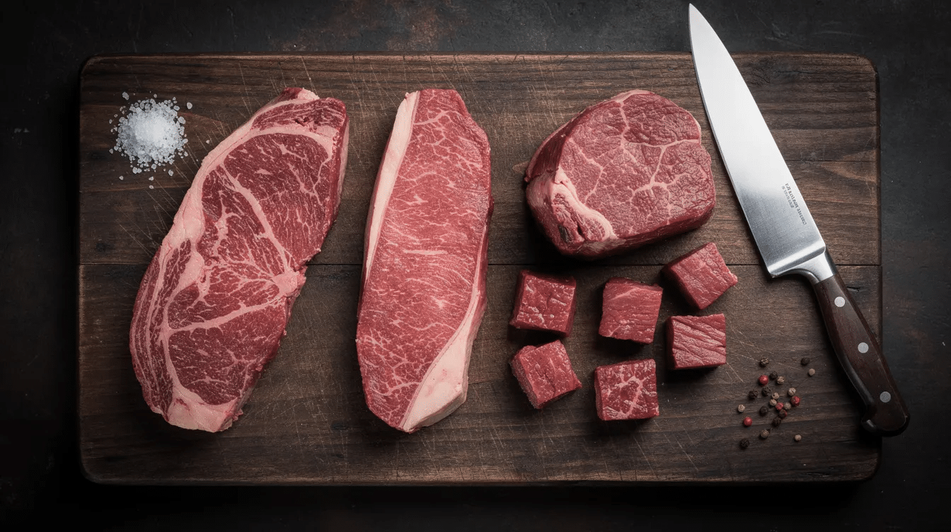 The image features various raw beef cuts, including lean cuts like eye of round and flank steak, artfully arranged on a dark wooden cutting board, accompanied by a very sharp knife. This setup is ideal for anyone interested in making beef jerky, showcasing the best meat for jerky smoking.