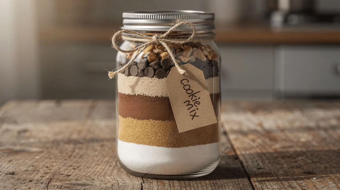 A mason jar filled with layers of cookie mix ingredients, including flour, brown sugar, and chocolate chips, is tied with twine and features a small kraft paper tag. This delightful presentation suggests a recipe for chocolate chip pecan cookies, perfect for baking.