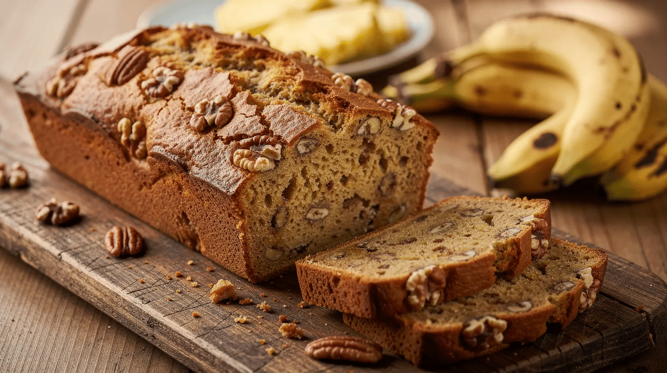 A golden-brown loaf of tropical banana bread, featuring visible chunks of nuts and banana pieces, rests on a wooden cutting board, with sliced pineapple and whole bananas in the background, creating a delicious and inviting scene perfect for an afternoon snack. This moist quick bread highlights the delightful flavors of overripe bananas and crushed pineapple, making it an ideal treat.