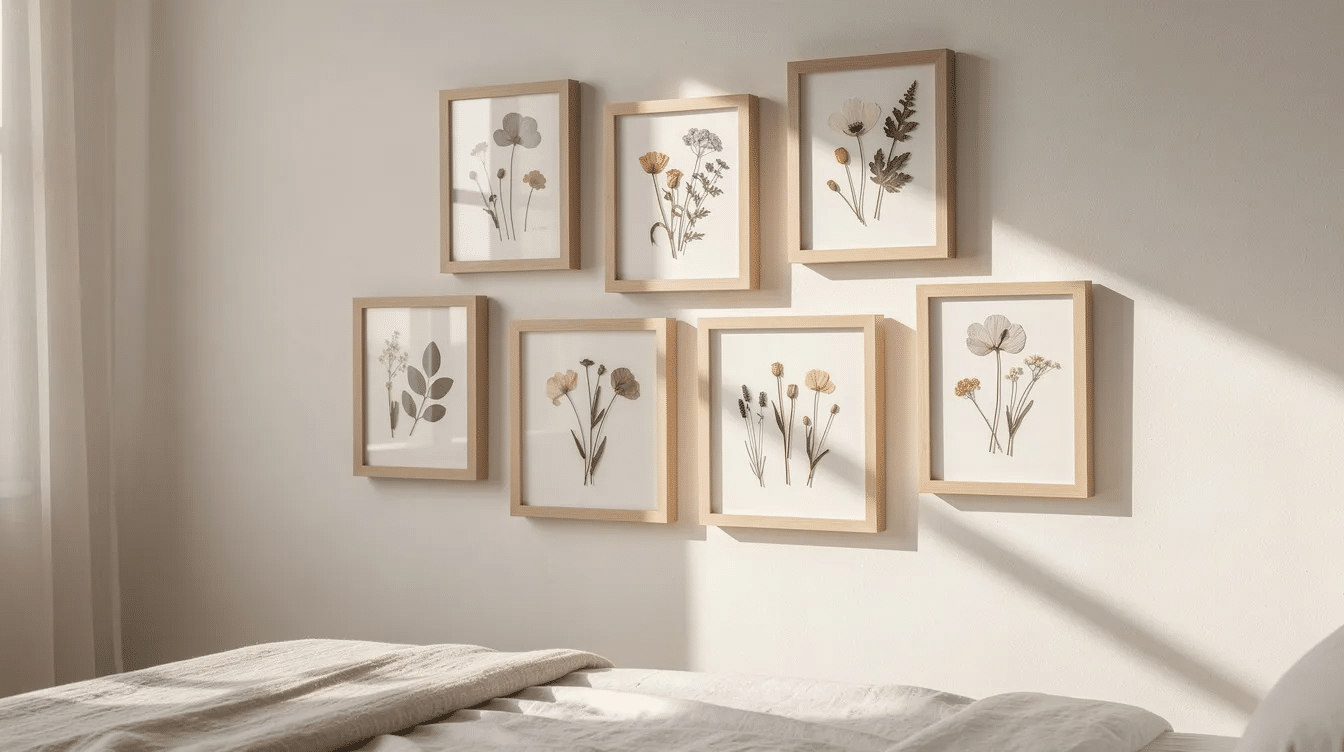 The image features pressed flowers arranged in simple wooden frames, elegantly hanging on a light-colored bedroom wall, showcasing the beauty of dried flowers and adding a touch of nature to the room's decor. The delicate petals and vibrant colors of the blooms create a charming and creative display that enhances the overall aesthetic of the space.