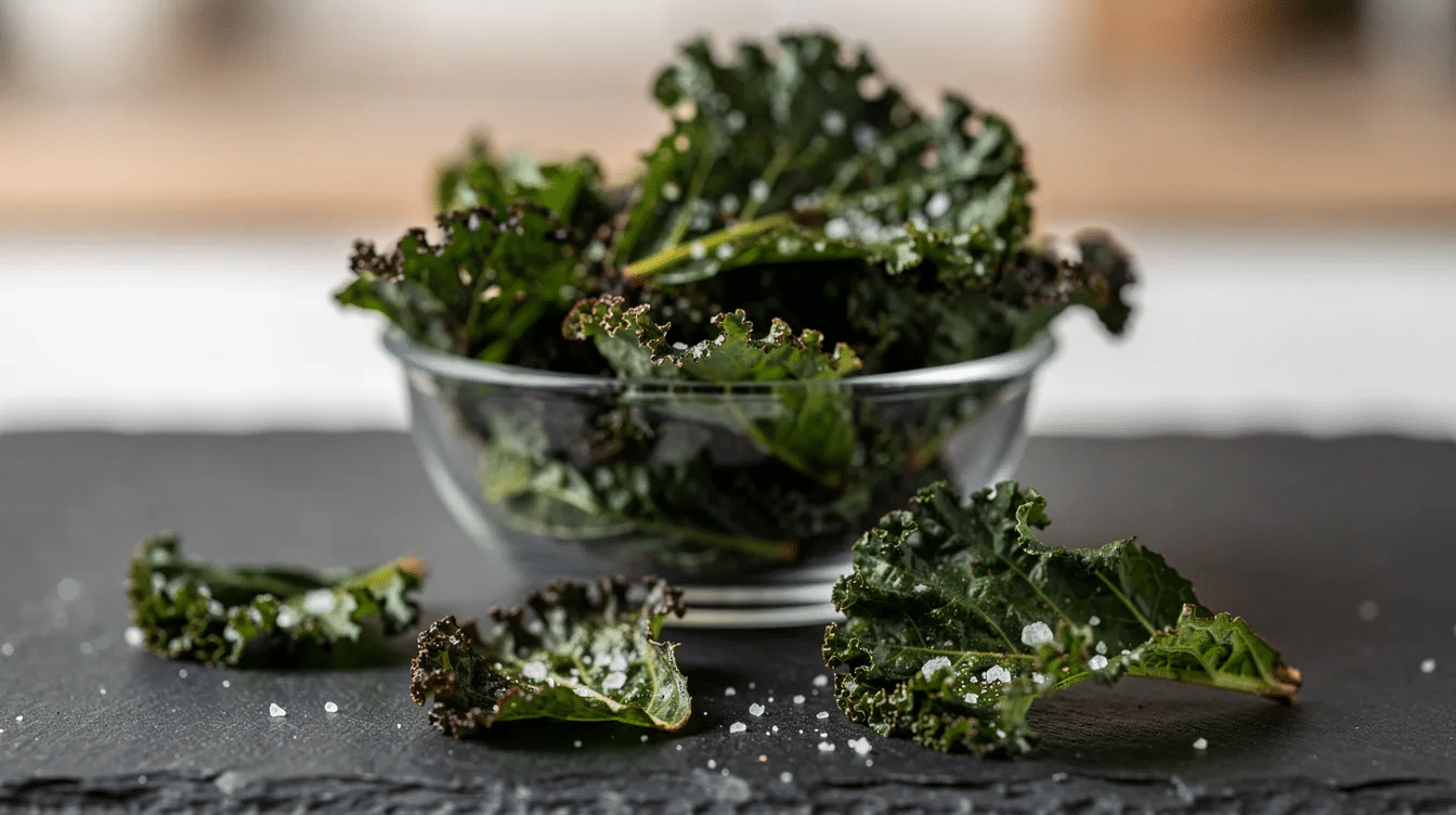 The image features a bowl of crispy kale chips, showcasing the vibrant green color of the dehydrated vegetables. These delicious snacks highlight the benefits of using a food dehydrator for preserving fresh foods while maintaining their nutrients.