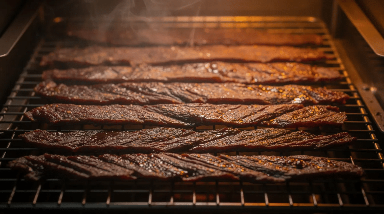 The image shows strips of dark, lean beef jerky laid out on wire smoking racks inside a smoker, showcasing the jerky making process. This setup highlights the use of a pellet smoker to create delicious smoked beef jerky with rich smoke flavor.