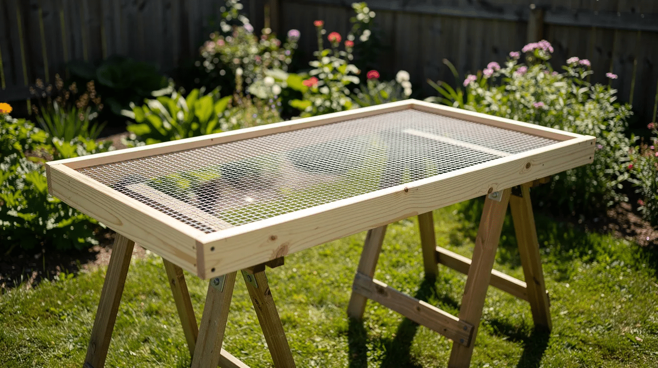 The image depicts a homemade wooden drying rack frame with mesh stretched across it, positioned on sawhorses in a sunny garden. This solar food dryer is designed for drying fruits and vegetables, utilizing direct sunlight and heated air to effectively reduce moisture content for food preservation.