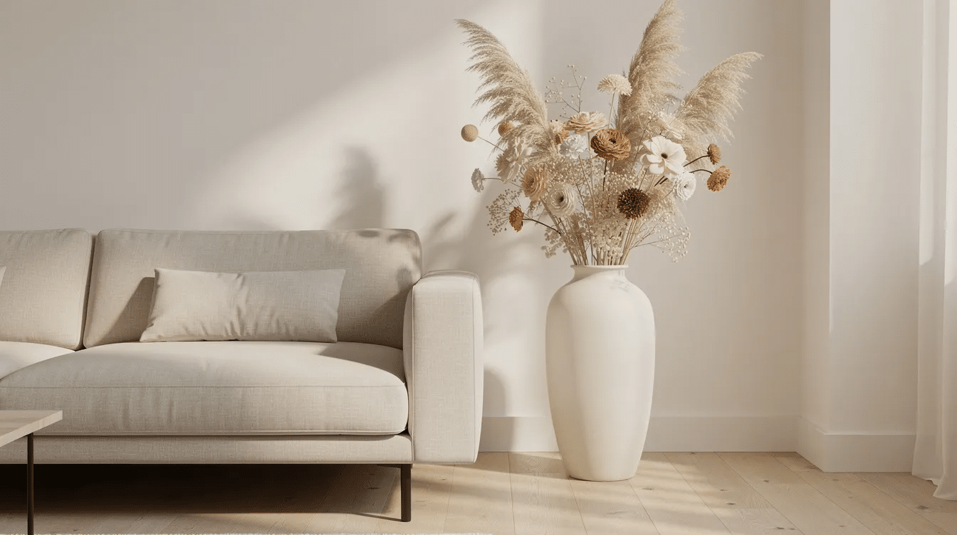 A minimalist living room corner features tall pampas grass and a collection of dried and preserved flowers arranged in a ceramic floor vase beside a neutral sofa, creating a serene and stylish atmosphere. The beautiful blooms enhance the natural beauty of the space, making it a perfect display for any home.
