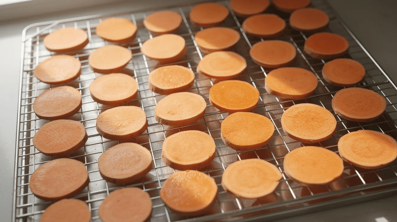 Freshly sliced orange sweet potato rounds are neatly arranged on wire dehydrator trays, showcasing their vibrant color and uniform thickness. These sweet potato slices are prepared for dehydration, perfect for making healthy snacks or dog treats.