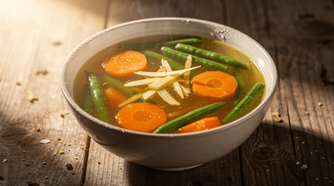 A steaming bowl of golden vegetable soup sits on a rustic wooden table, featuring vibrant carrot rounds, green beans, and thin slices of ginger. This hearty soup is a delicious blend of fresh vegetables and spices, perfect for a satisfying meal.