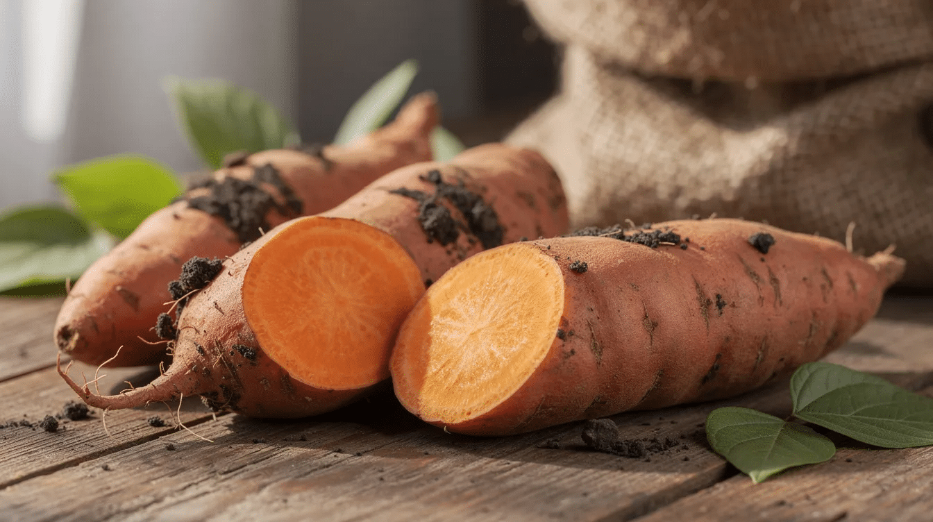 The image features a close-up of fresh sweet potatoes, showcasing their vibrant orange flesh and rough, brown skin. These nutritious vegetables are ideal for food preservation methods like dehydration, making them a great choice for use in a food dehydrator to create long-lasting, dehydrated foods.