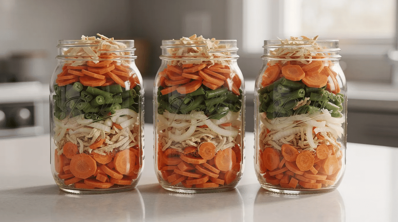 The image shows three mason jars filled with vibrant layers of dehydrated vegetable pieces, including orange carrots, green beans, and pale onion flakes, sitting on a kitchen counter. These jars represent a variety of dehydrated meals, perfect for creating a delicious vegetable soup or other hearty recipes.