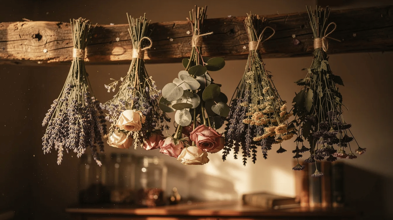 A collection of small bunches of dried flowers, including delicate dried lavender and hydrangeas, is hanging upside down from a rustic wooden beam in a warm, dimly lit room, creating a cozy and inviting atmosphere. The air drying process has preserved their beauty, making them a charming addition to the home decor.