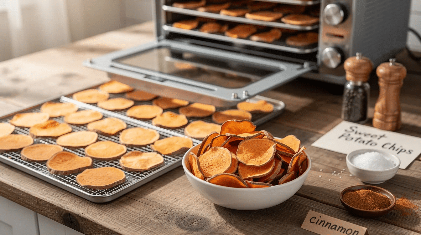 A plate of homemade sweet potato chips, crispy and golden-brown, is displayed, showcasing a healthy snack option made using a dehydrator. The chips are perfectly sliced, seasoned, and ready to be enjoyed on their own or added to various recipes, emphasizing their delicious taste and nutritious benefits.