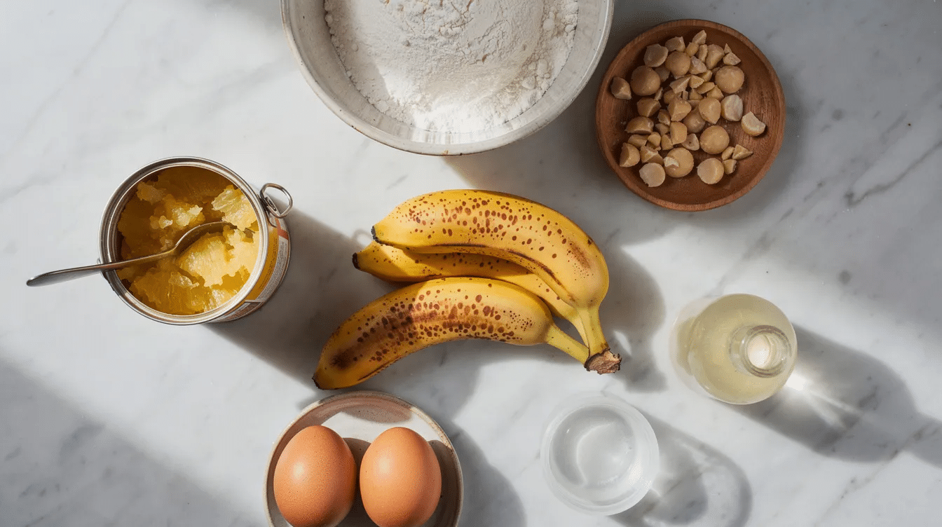 The image features a collection of baking ingredients on a marble countertop, including ripe bananas, a can of crushed pineapple, macadamia nuts, flour, eggs, and coconut oil, all arranged to create a delicious Hawaiian banana nut bread. This setup highlights the key components needed for a moist and flavorful quick bread recipe.