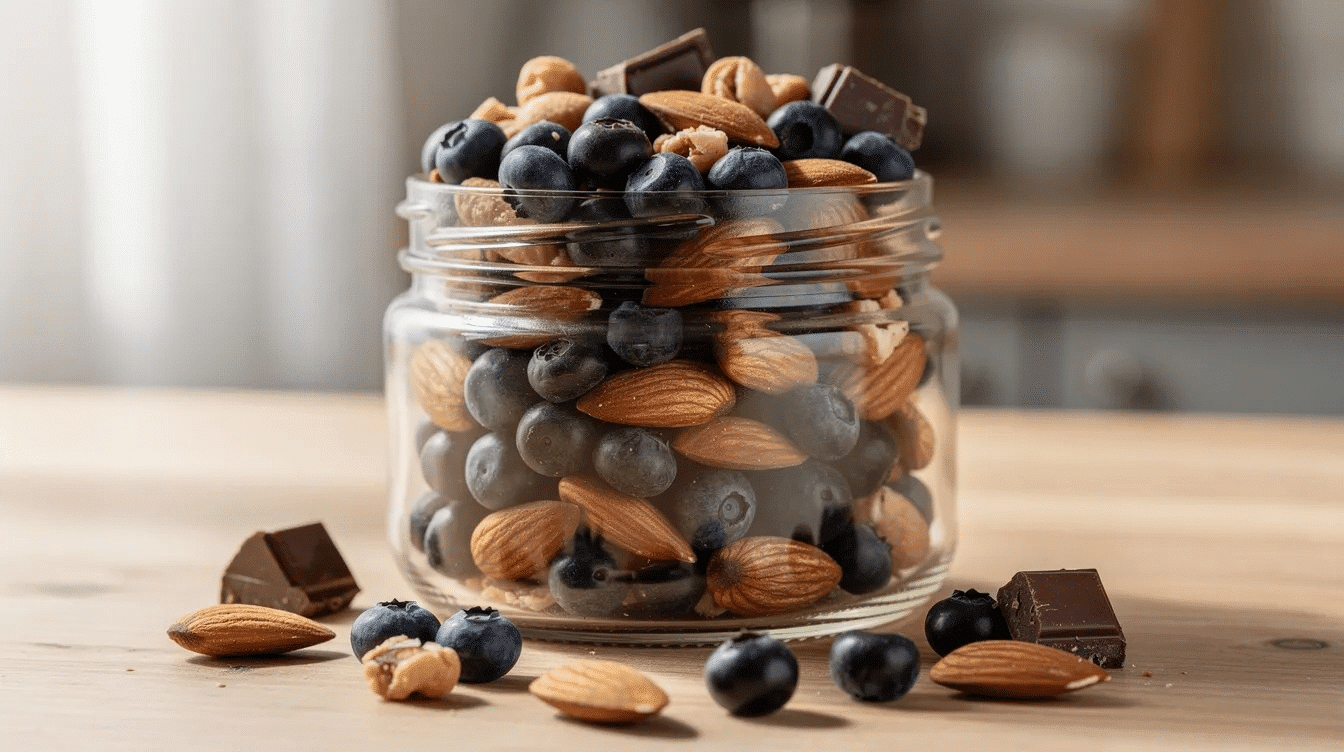 The image shows a glass jar filled with a vibrant trail mix that includes dried blueberries, crunchy almonds, and rich dark chocolate pieces, creating a visually appealing and delicious snack option. This colorful mixture is perfect for adding to blueberry recipes or enjoying on a camping trip.