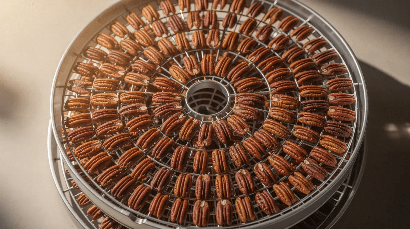The image features pecan halves evenly spread across round dehydrator trays, illuminated by warm lighting, highlighting their nutty texture and golden color. This setup suggests preparation for making delicious pecan chocolate chip cookies, emphasizing the importance of toasted pecans in achieving a chewy cookie with a rich flavor.