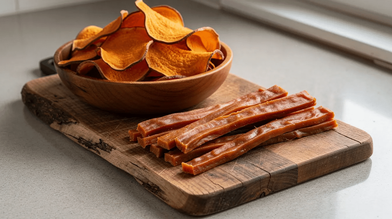 A wooden bowl filled with crispy sweet potato chips sits beside strips of plain dehydrated sweet potato dog treats on a cutting board, showcasing a healthy snack option for both humans and dogs. The vibrant orange color of the sweet potato slices highlights their nutritious appeal, making them a tasty treat for your best friend.