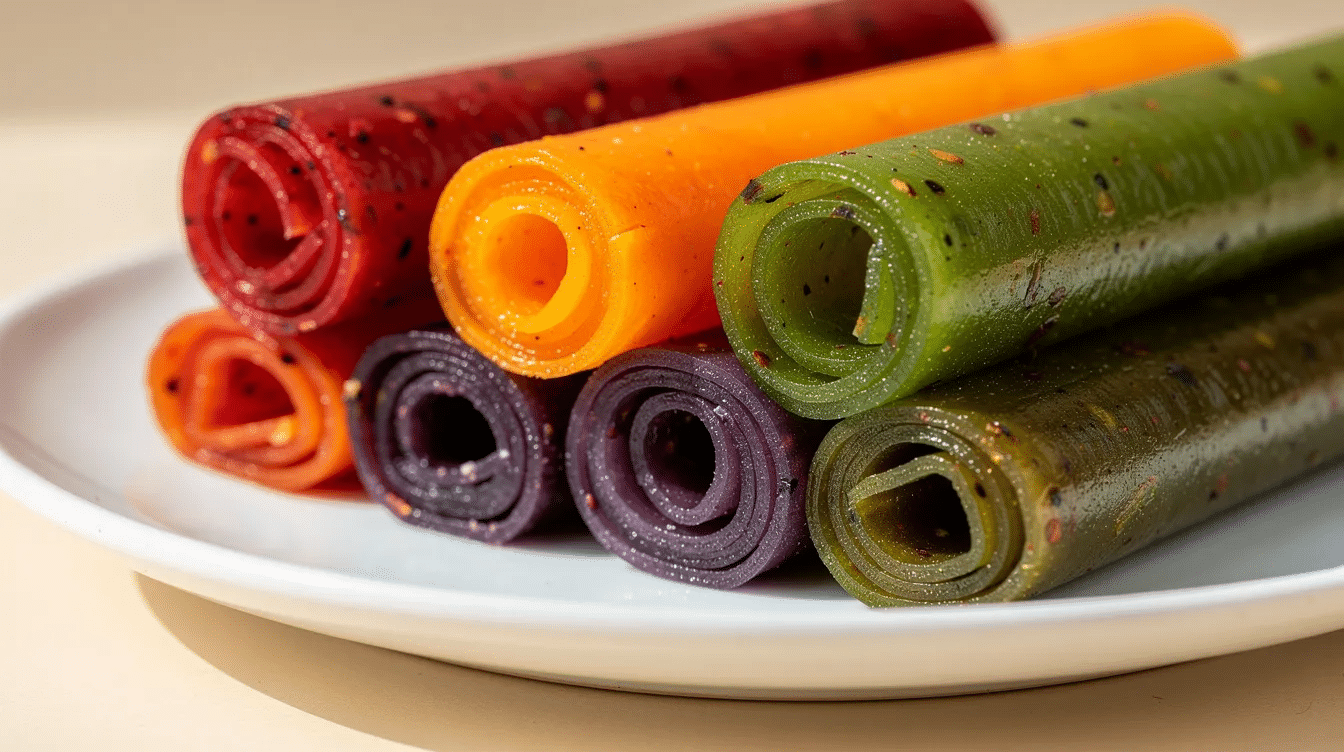 The image features an assortment of colorful fruit leathers, showcasing various flavors made from favorite fruits like apples and bananas. These healthy snacks are displayed on parchment paper, emphasizing the drying process and proper storage in airtight containers for long shelf life.