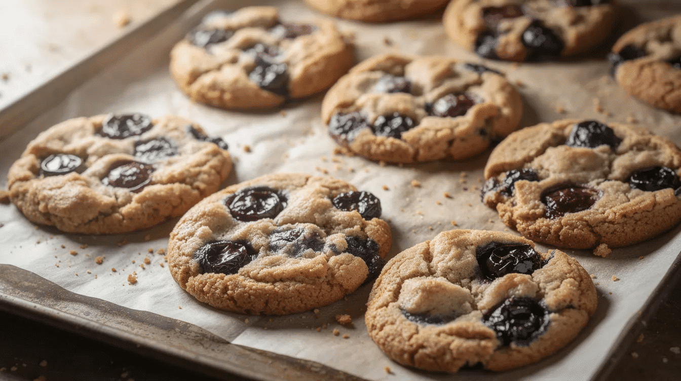 The image shows freshly baked cookies cooling on a parchment-lined baking sheet, featuring visible large pieces of dried blueberries that add a chewy texture. These delicious baked goods are light golden brown and promise a delightful taste, perfect for enjoying as a snack or dessert.