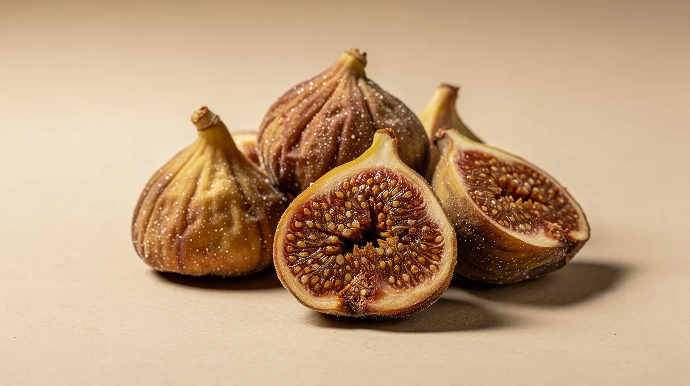 The image features an assortment of dried figs, showcasing both whole and quartered varieties arranged neatly on dehydrator trays. These delicious dehydrated figs, perfect for snacking or adding to homemade granola and morning oatmeal, highlight their sweet flavor and nutritious qualities.