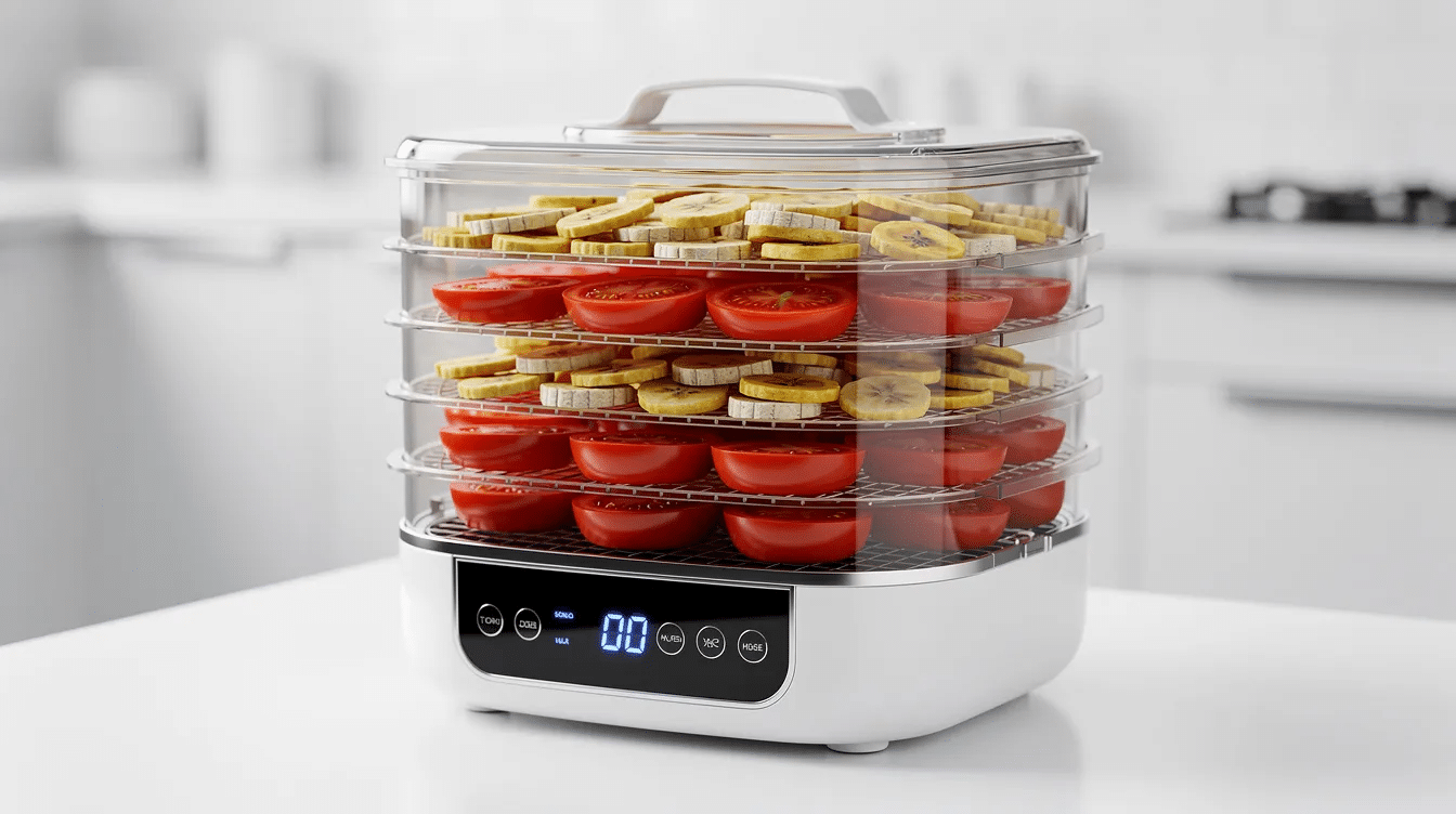 A sleek Elechomes food dehydrator sits on a clean kitchen countertop, showcasing a compact design with a digital LED touch control panel. It features six transparent trays filled with vibrant red tomato slices and yellow banana chips, all topped with a matching clear lid, illuminated by soft indoor lighting.