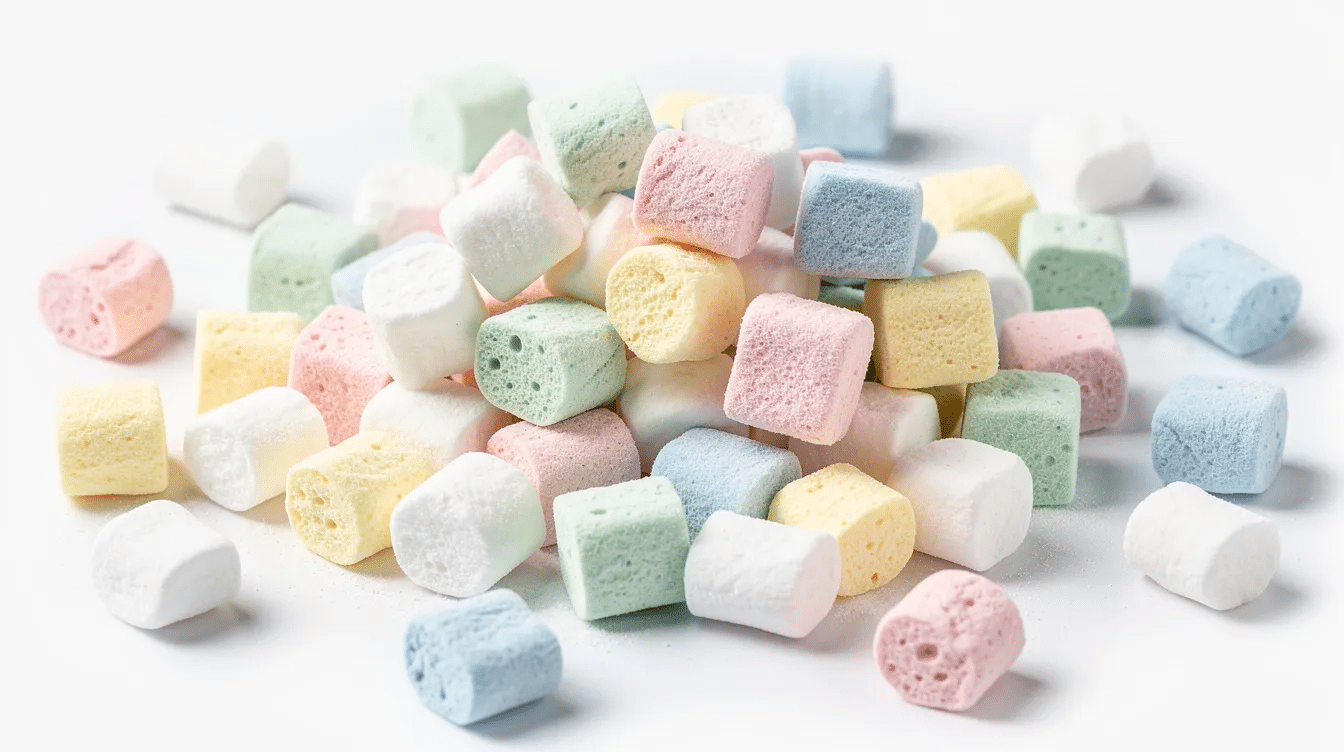 The image features a colorful assortment of dehydrated marshmallows, including mini marshmallows and lucky charms marshmallows, arranged in a clear mason jar. These crunchy marshmallows are perfect for adding to hot chocolate or trail mix, showcasing a delightful sweet treat ideal for various recipes.